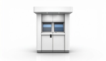 Minimalist white security or ticket booth with large windows and flat roof.