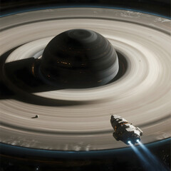 a supermassive black hole's accretion disk, a tiny futuristic probe ship nearby for scale