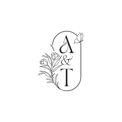 caligraphic style monogram luxury minimalist logo design AT wedding initial concept alphabet letter