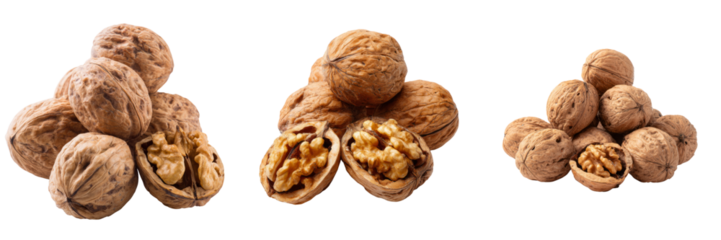 Walnuts in various stages transparent background food photography studio setting close-up view