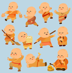 A charming collection of cartoon little monks in various poses &ndash; carrying water, meditating, sweeping, eating dim sum, practicing kung fu, and playing with birds. Chinese Zen culture