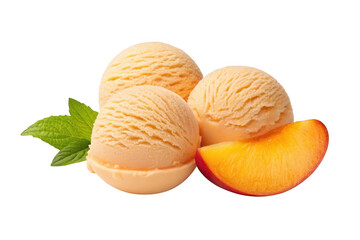Three scoops of peach ice cream with a peach slice and mint leaves isolated on transparent background