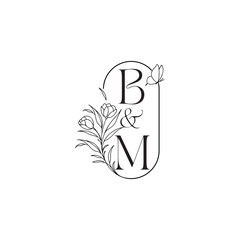 caligraphic style monogram luxury minimalist logo design BM wedding initial concept alphabet letter