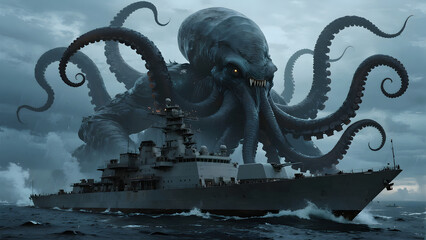 a massive Cthulhu-like cosmic horror entity emerging from the stormy ocean,