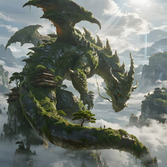 a peaceful, ancient kaiju covered in moss and trees, sleeping in a vast valley