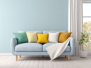 Serenity in Minimalism: Pastel Perfection on a Softly Lit Couch with Airy Curtains and Copy Space in the Room