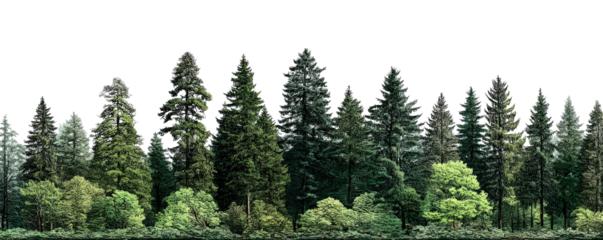 Lush forest line of towering evergreens and deciduous trees