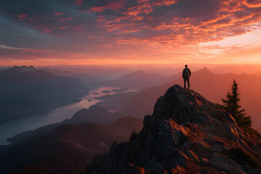 Adventurous man on top of the mountain during a vibrant sunset. Taken on Cheam Peak, near Chilliwack, East of Vancouver, British Columbia, Canada.