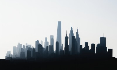 Silhouetted cityscape fades into the white sky with varying building heights