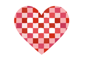 Heart-shaped graphic with a checkered pattern of shades of red and white