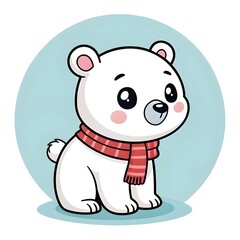 Naklejka premium Adorable Chibi Polar Bear Cub In A Cozy Pastel Scarf, Sitting Sweetly With Big Sparkling Eyes And Round Cheeks, Perfect For Winter, Holiday, Or Kawaii Cartoon Designs