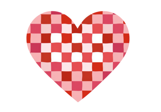 Heart-shaped graphic with a checkered pattern of shades of red and white