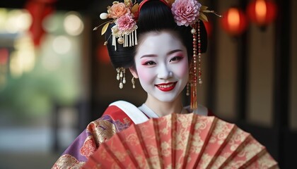 Geisha in traditional Japanese kimono smiles holding ornate red fan. White face makeup, red lipstick, elegant coiffure with pink flowers. Woman embodies Asian tradition, beauty in close-up portrait.