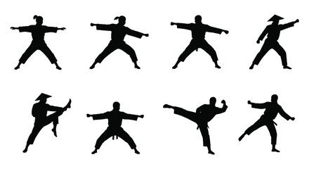 Silhouette of various martial arts poses and stances in black