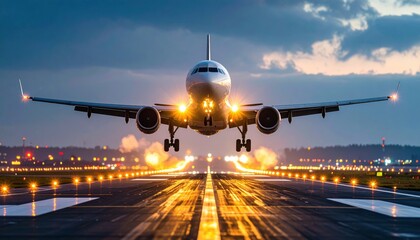 Airplane landing at dusk on runway with lights. Dramatic low angle view of jet airliner touching down.