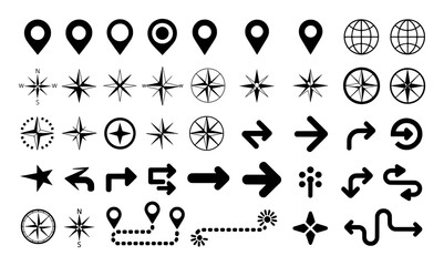 Assortment of navigation and direction icons including map pins compass roses and arrows location marker