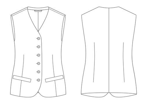 Vector fashion technical drawing of a longline vest with front and back view. Six buttons. Welt pockets. Front and back darts. Woven fabric.