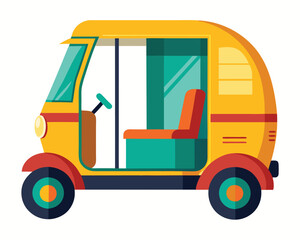 Fototapeta premium Auto rickshaw flat vector illustration depicts traditional asian taxi or tuk tuk with vivid design elements for travel and transportation concepts