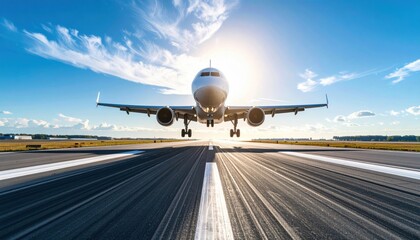 White airplane landing on runway, sunlit sky, clear day.  Front view, low angle.