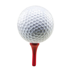 White dimpled golf ball on a red tee, ready for the drive
