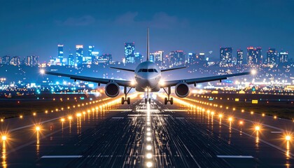 Fototapeta premium Airplane landing on runway at night, city lights background. Front view, low angle.
