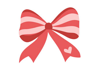 A stylized, cartoonish bow with pink and red stripes.  A small white heart is nestled in one of the bow's tails