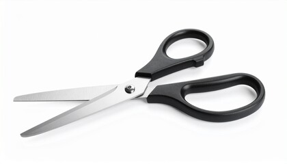 Fototapeta premium Black-handled scissors with silver blades slightly open on white background.