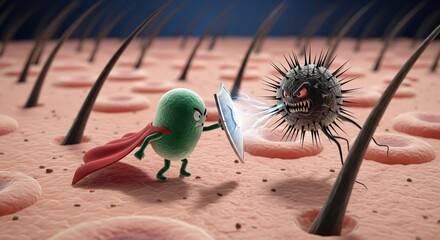 Immune system hero character protecting skin from virus attack