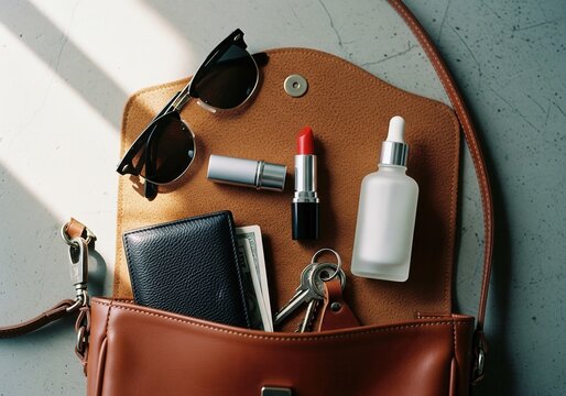 Woman's handbag contents flat lay with lipstick and sunglasses