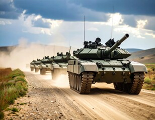 A convoy of military tanks advancing along a dusty dirt road in a vast landscape.