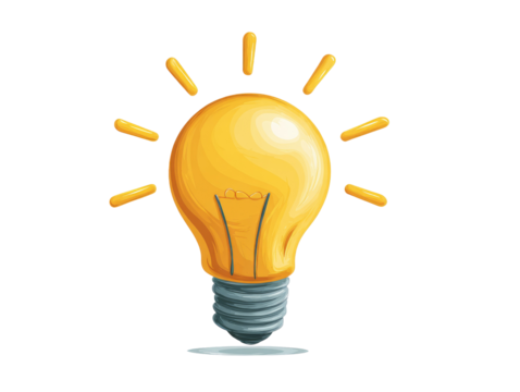 A stylized, cartoon-like lightbulb against a black background.  The lightbulb is bright yellow, with radiating orange/yellow rays.  A gray base and metallic screw cap are visible