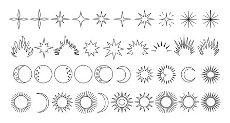 Obraz premium Collection of Celestial Icons Stars Suns and Moons in Outline Style Keywords: celestial, icon, star, sun, moon, crescent moon, outline, drawing
