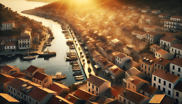 Golden Hour Aerial View of Charming Coastal Village with Boats