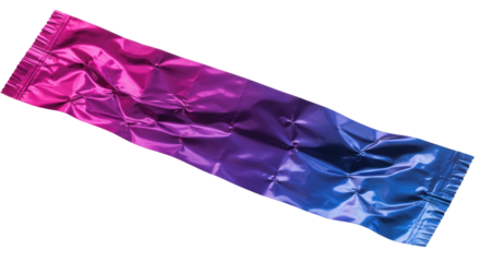 Elongated crumpled metallic foil, fuchsia-pink to blue gradient, red accents, organic texture, transparent high-key background, concept of modern innovation and fluidity.