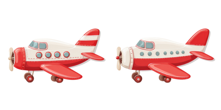 Two vintage-style red and white airplanes, side-by-side.  Simple, cartoonish design with rounded edges and visible propeller and wheels