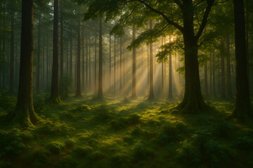 Naklejka premium Tranquil Forest with Sunbeams Breaking Through the Majestic Treescape Scenery