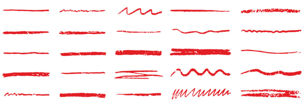 Line underline red crayon brush pencil pen marker paint stroke. Line red brush crayon highlight underline strike color through drawn strikethrough handwritten emphasis squiggle vector swoosh stock 