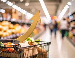 The rising cost of groceries is highlighted with a golden upward arrow in a supermarket.