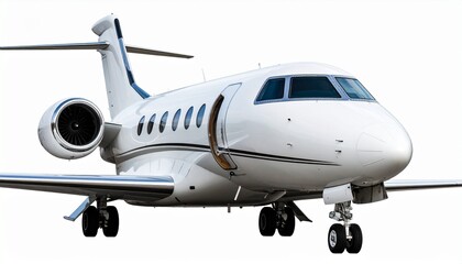 Naklejka premium Luxury private jet with sleek white body, blue-black accents, and extended landing gear on white background.