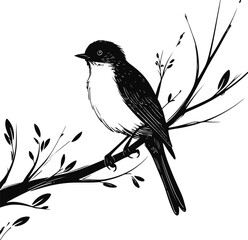 Black and white hand-drawn bird on branch vector, minimal doodle style, bold smooth ink line art, abstract spring nature silhouette, professional high-quality vector illustration 1