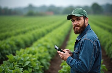 Farmer in green cap and blue jacket holds mobile phone in field. Man uses phone for agronomy, examining crops. Technology in agriculture, modern farming, organic produce, rural business.