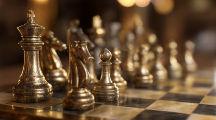 Close-up of polished golden chess pieces including the king and knight arranged on a chessboard ready for play