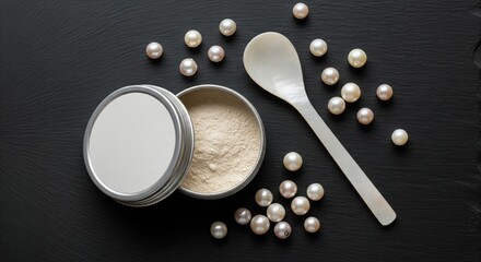 Pearl powder cosmetic with mother-of-pearl spoon on black slate