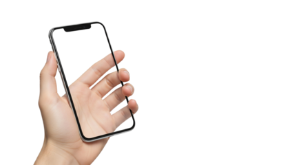 modern smartphone with transparent screen in left hand on transparent background, smartphone in hand, png mockup for any background and any image on the screen, generative ...




