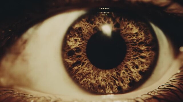 A striking macro shot reveals a deep brown eye with intricate patterns around a dark pupil, catching a bright reflection