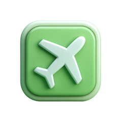 Obraz premium A light-green square button, softly shaded, depicts a simple white airplane icon. The button has a slightly raised border