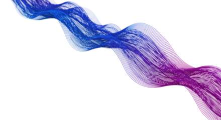 Intricate abstract wave of ultra-thin blue to purple lines on transparent, elevated view, copy space, concept of digital data flow and tech advancement