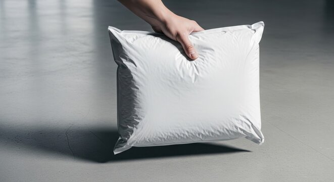 Hand holding blank white poly mailer bag mockup