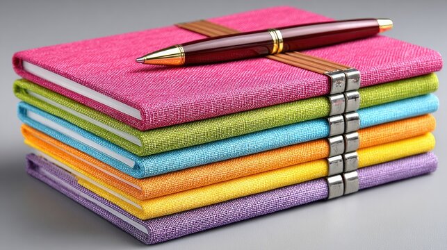 Stack of Colorful Journals with a Pen