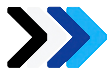 Two overlapping arrows, white and blue, pointing right.  Sharp, geometric shapes